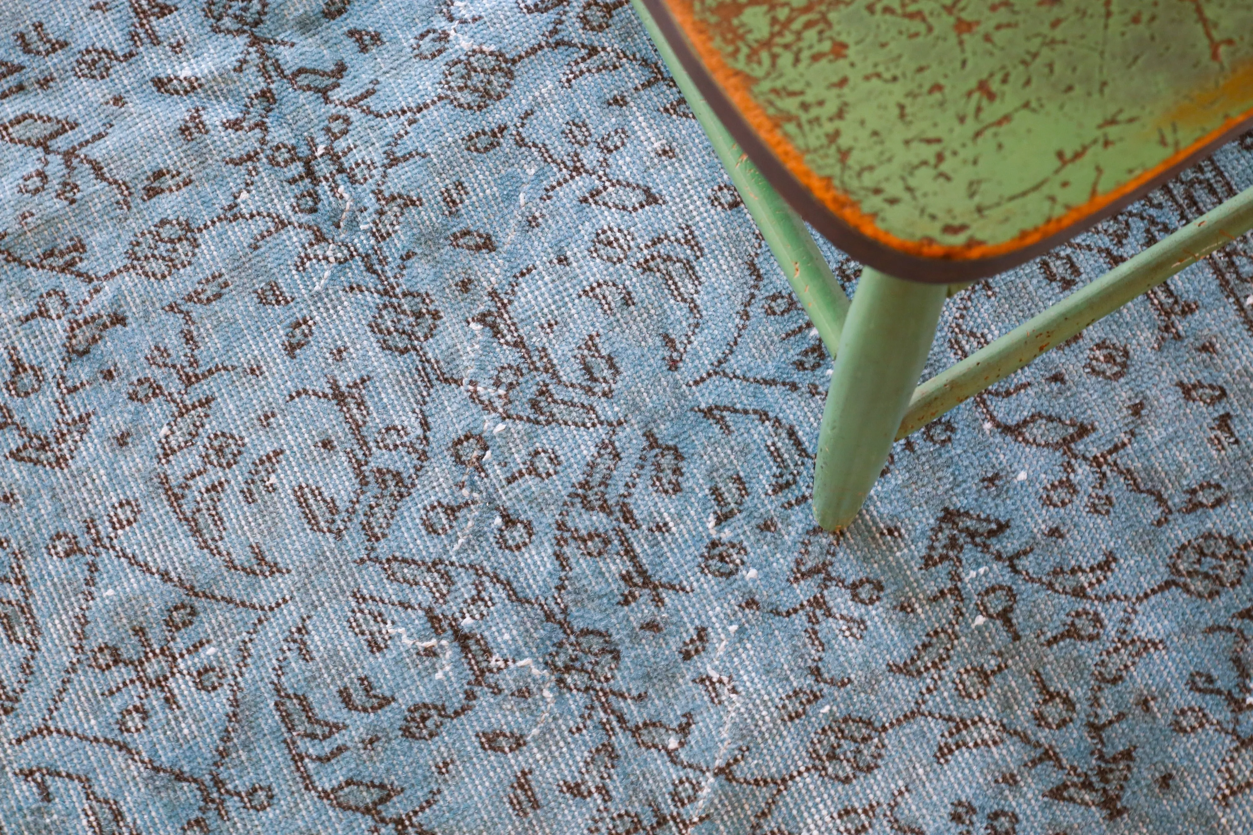 Vintage Overdyed Isparta Rug in Light Blue 4ftx6.8ft