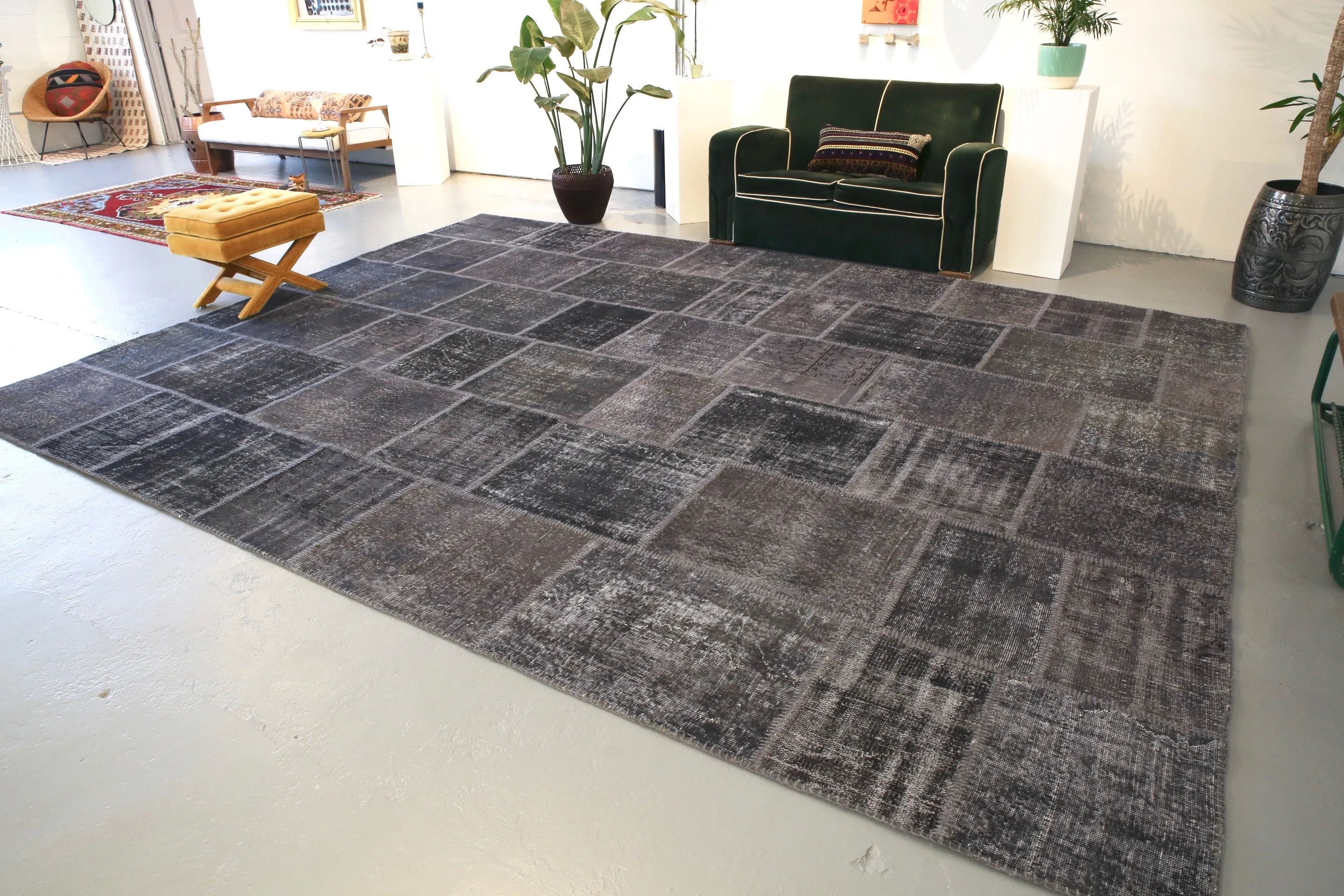 Vintage Patchwork Isparta Rug overdyed in Black 10ftx13ft