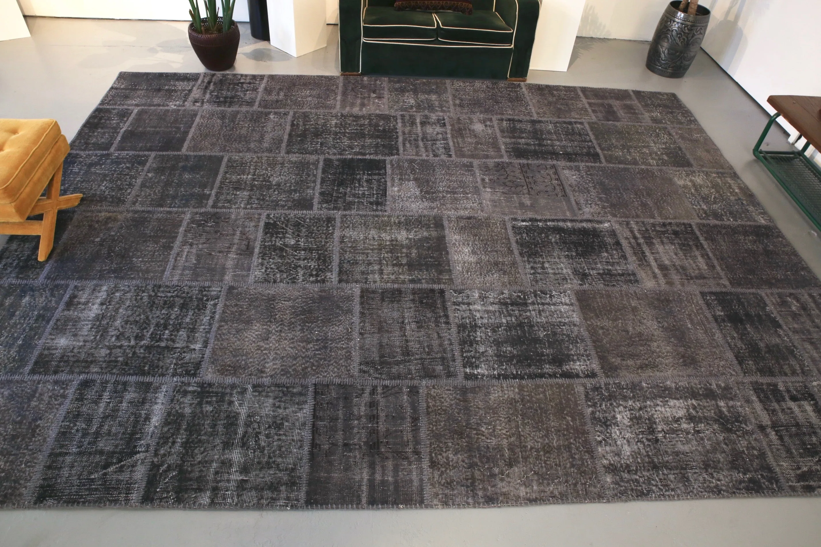 Vintage Patchwork Isparta Rug overdyed in Black 10ftx13ft