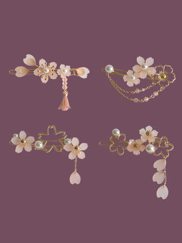 Wa Lolita Headdress Pink Metal Flowers Fringe Sakura Pattern Headwear Lolita Hair Accessories