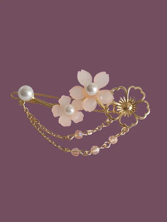 Wa Lolita Headdress Pink Metal Flowers Fringe Sakura Pattern Headwear Lolita Hair Accessories