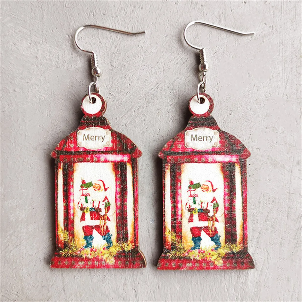 White & Red Wood Santa Call Box Drop Earrings