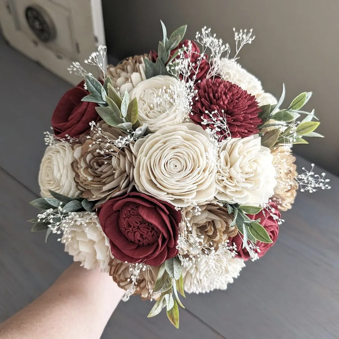 Wine, Natural, and Ivory Bouquet with Baby's Breath and Greenery